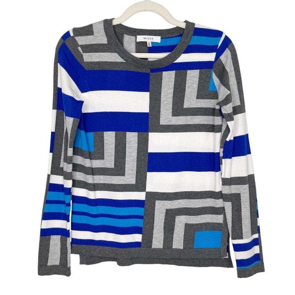 Milly Sweater Size XS‎ Blue Gray Geometric